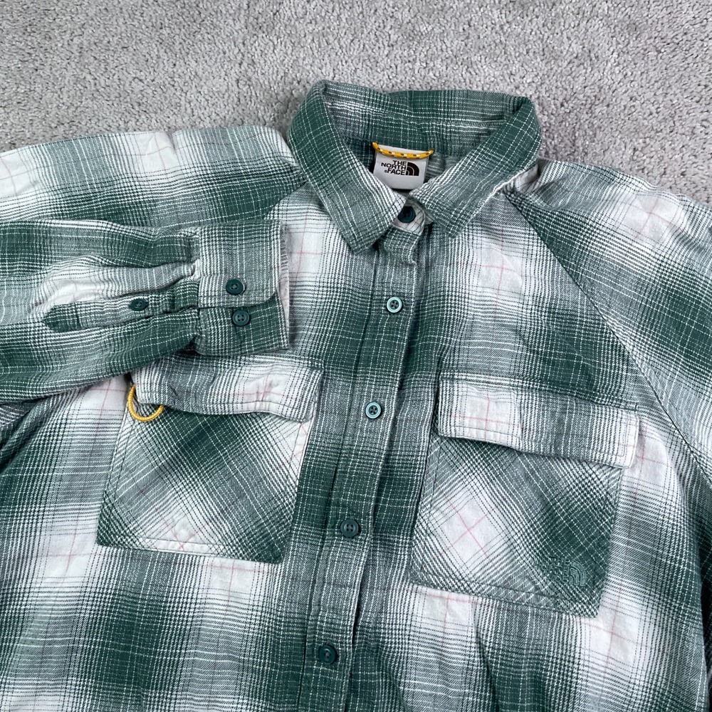 North Face Top Womens Medium Green Plaid Set Up Camp Flannel Hiking Shirt